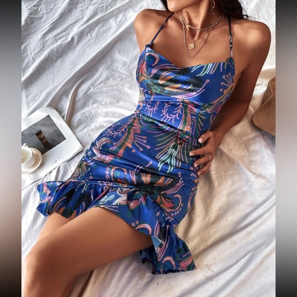 Dresses & Skirts - Silky Multi Colored Ruffle Mini Cross Back Cowl Neck Dress